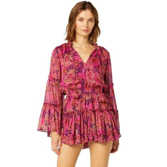 New Misa Leeva Mini Dress Womens S Fuchsia Batik Pink Sheer Chiffon Bell Sleeves - Picture 1 of 9